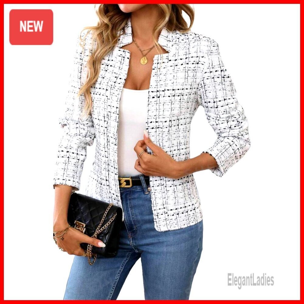 Tweed Slim Fit Blazer Notch Collar Long Sleeve Open Front Business Casual